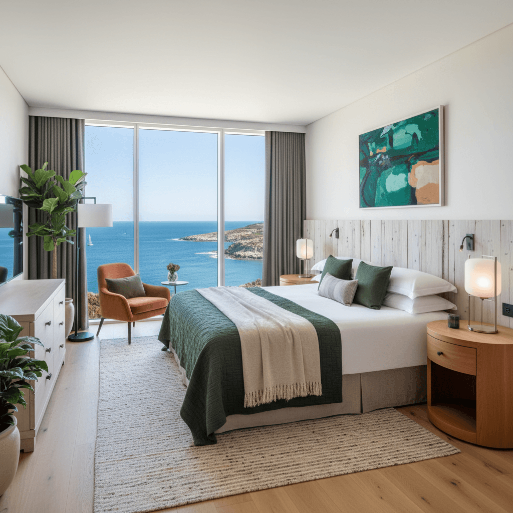Quarto sofisticado com vista e design moderno do Hotel Açores