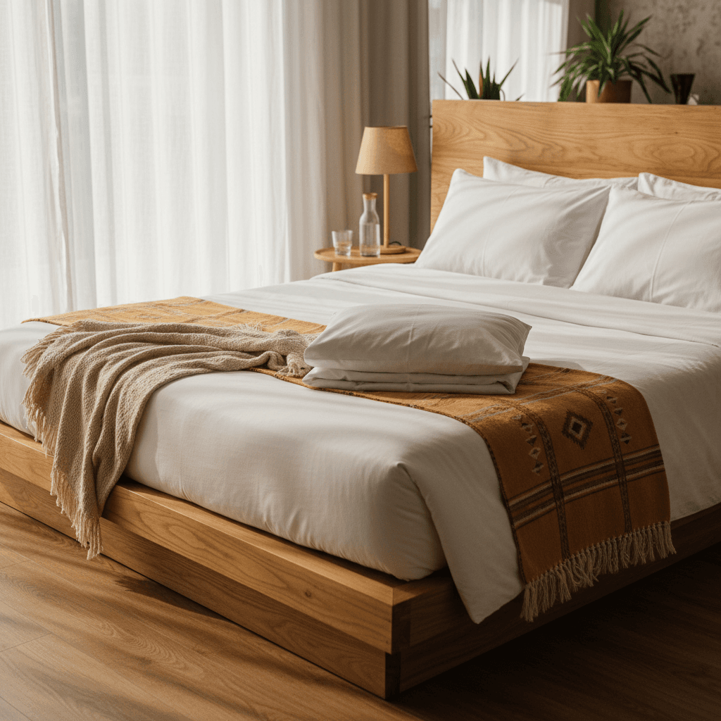 Detalhe de quarto de hotel com luz natural e linhas de roupa de cama em tons náuticos