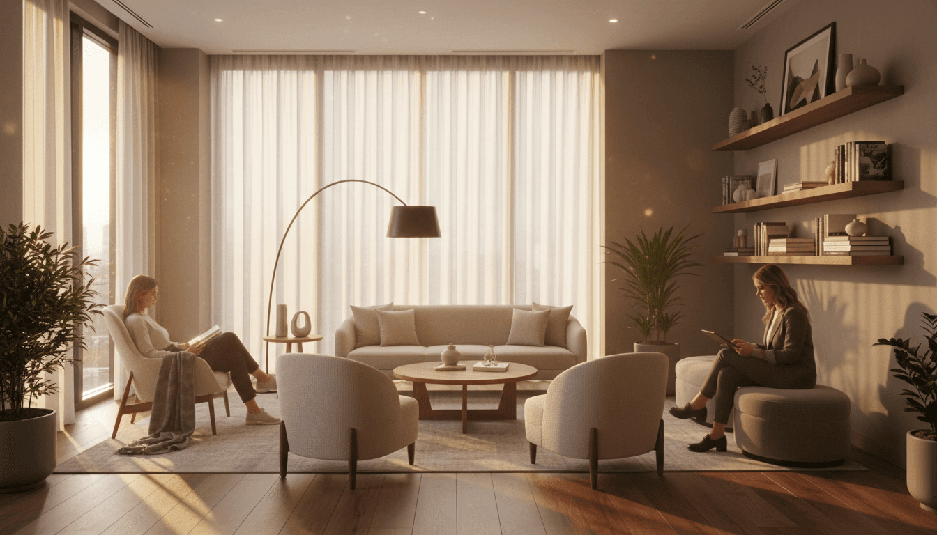 Interior moderno e acolhedor de um hotel em Balneário Camboriú com luz natural dourada e ambiente sofisticado