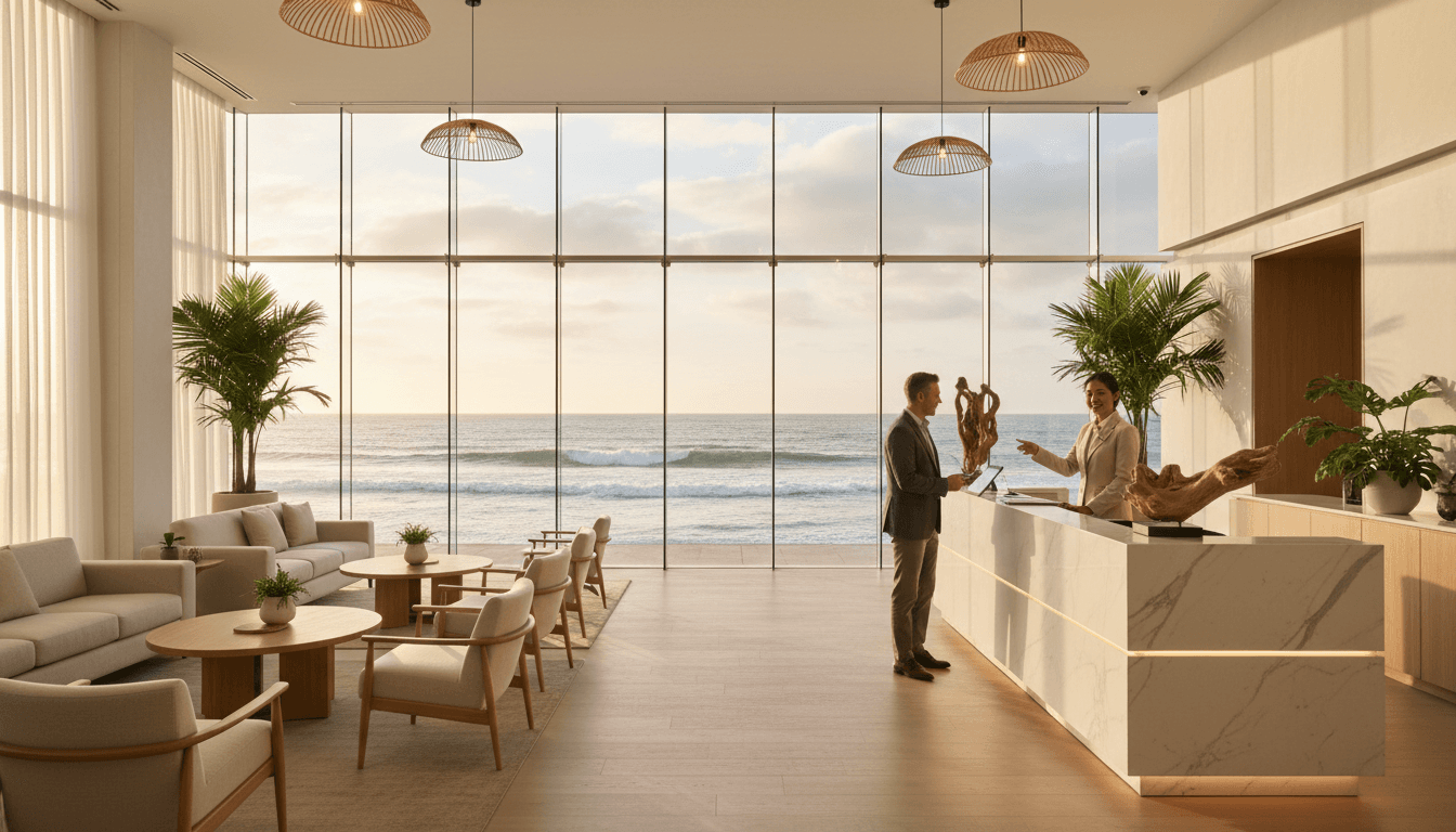 Saguão moderno do Hotel Sagres com design temático náutico e vista para Balneário Camboriú